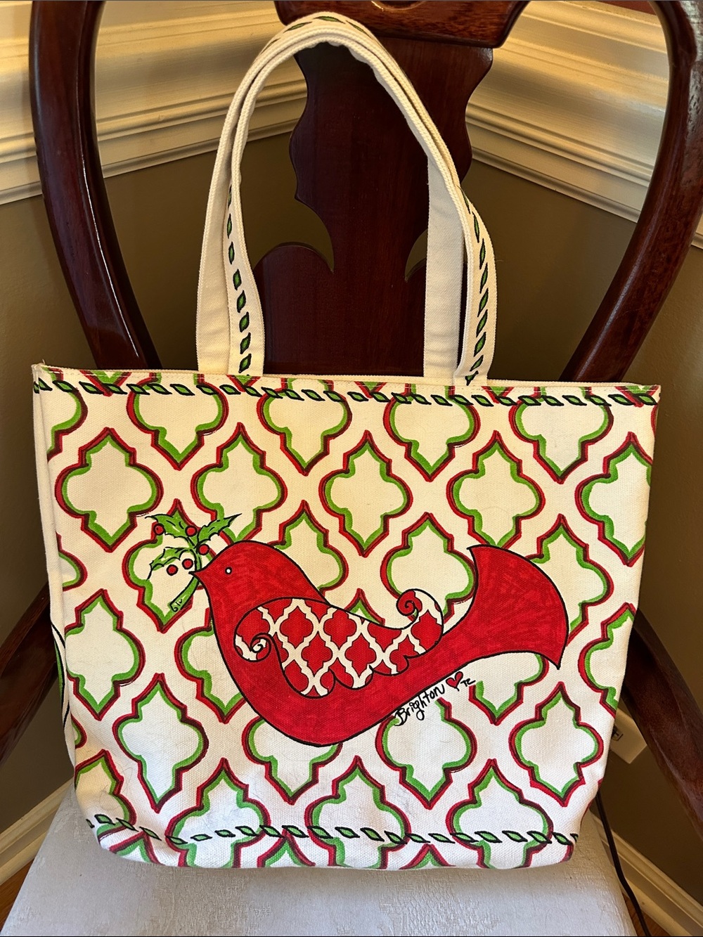 Brighton Limited Edition Love and Joy canvas tote, holiday bird with Holly